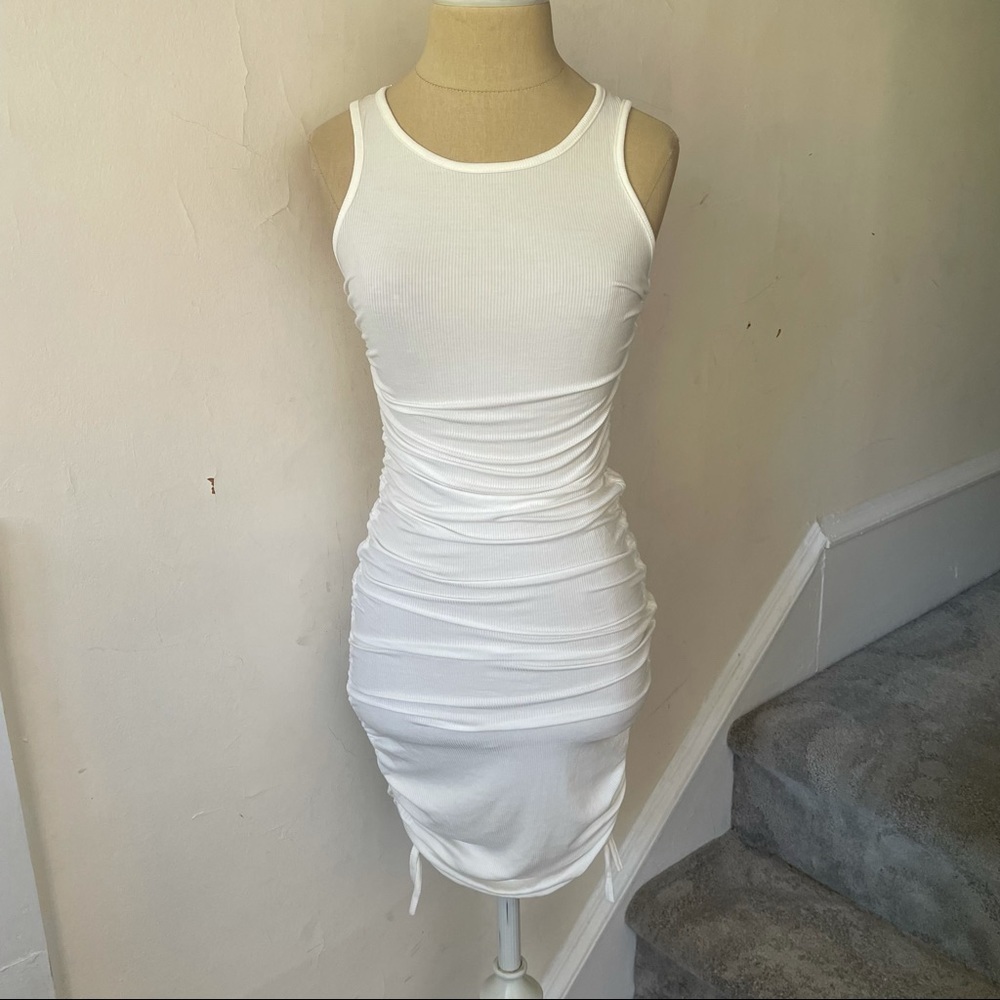 Reigning Queen White Soft Ribbed High Neck Ruched Hillary Dress NWT Size Small